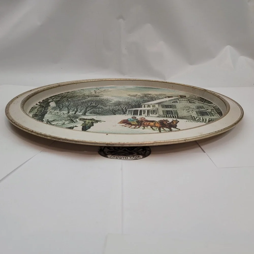 Currier and Ives Tin Serving Tray American Homestead Winter Metal 12in Round